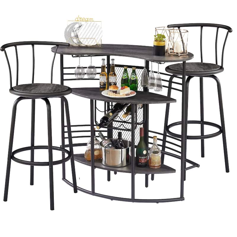 VECELO, 3-Piece Bar Table Set, Rustic Dining Room Pub Tables with Storage Shelf, 2 Back Barstools, Counter Height, - Charcoal Grey