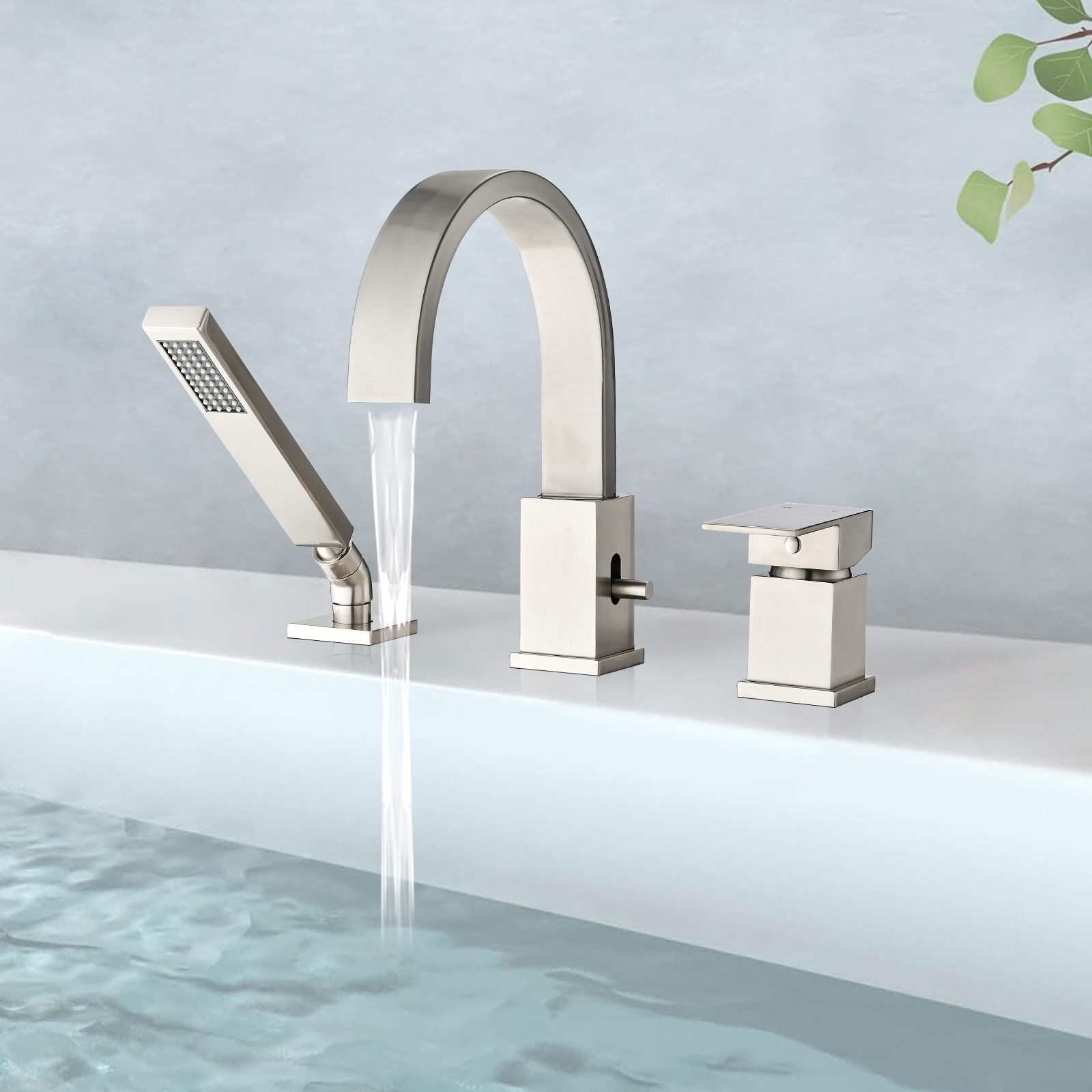 Waterfall Bathtub Faucet with Sprayer, 3-Hole Deck Mount