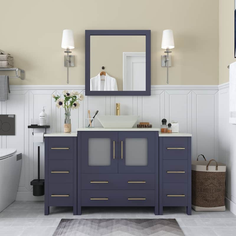 Vanity Art 54-inch Single Sink Bathroom Vanity Set with Engineered Marble Top and Free Mirror - 54 x 18.5 x 36 Inches - Blue