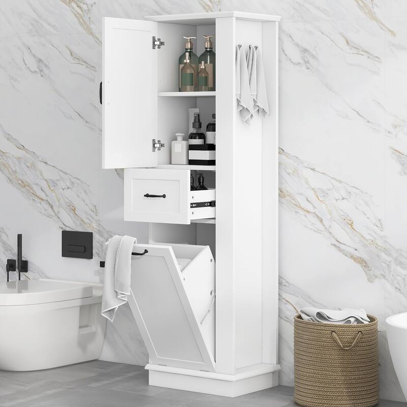 Modern Tall Storage Cabinet - Tilt-Out Compartment, Adjustable Shelves, 80LBS Capacity, Soft-Close Hinges