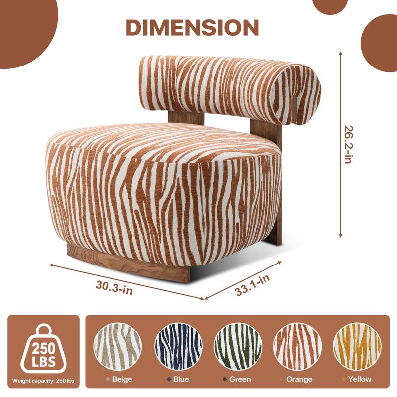 Rossetta Zebra-Striped Chenille Fabic Low Cylindrical Backrest Armchair with High-Quality Foam Cushion