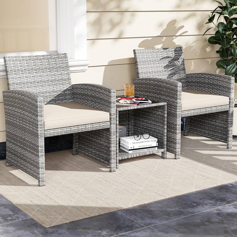 Outdoor Wicker Furniture Set 3 Piece with Cushions and Table - 18" × 18" × 17"