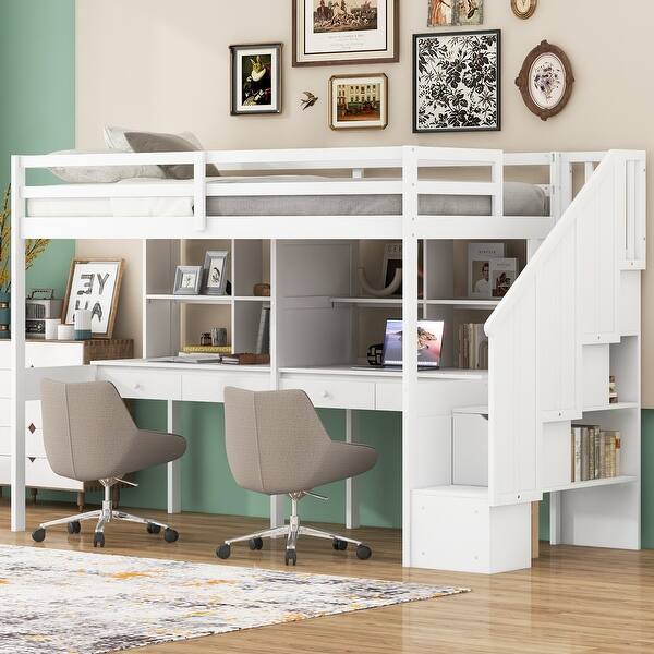 slide 2 of 27, Stairway Twin Size Loft Bed with Double Desks and Storage Shelves, Wooden Loft Bed Frame with Storage Staircase & Guardrails