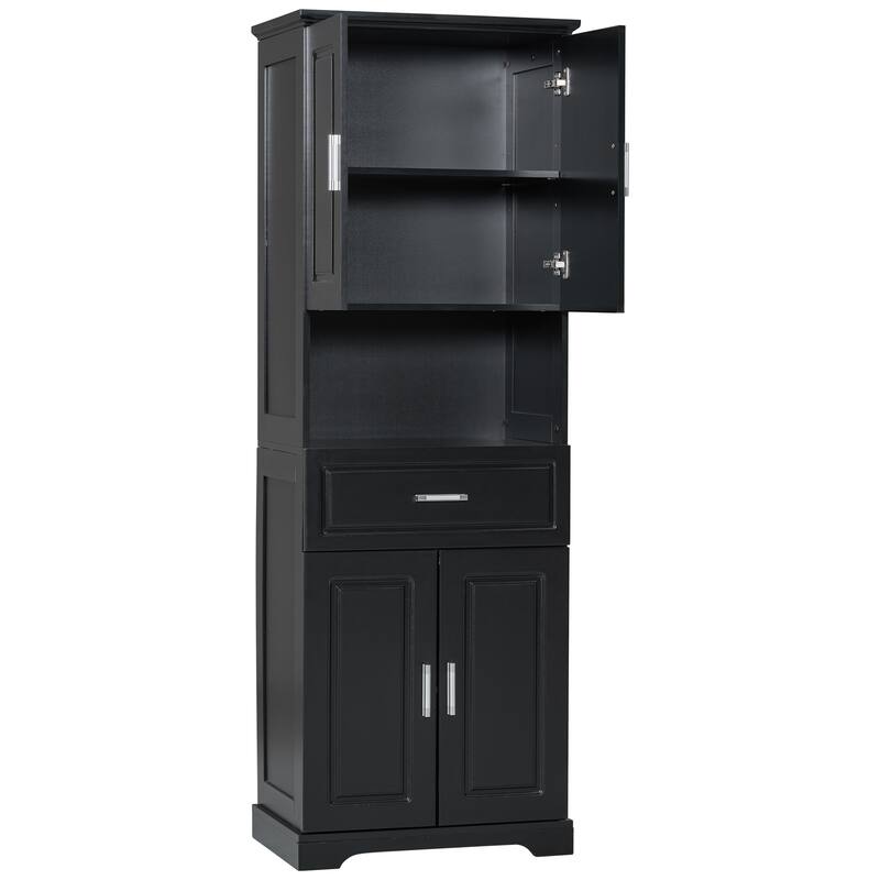 Roomfitters Tall Bathroom Cabinet with Four Doors, Open Shelf and Upper Storage Compartment for Extra Capacity, Black