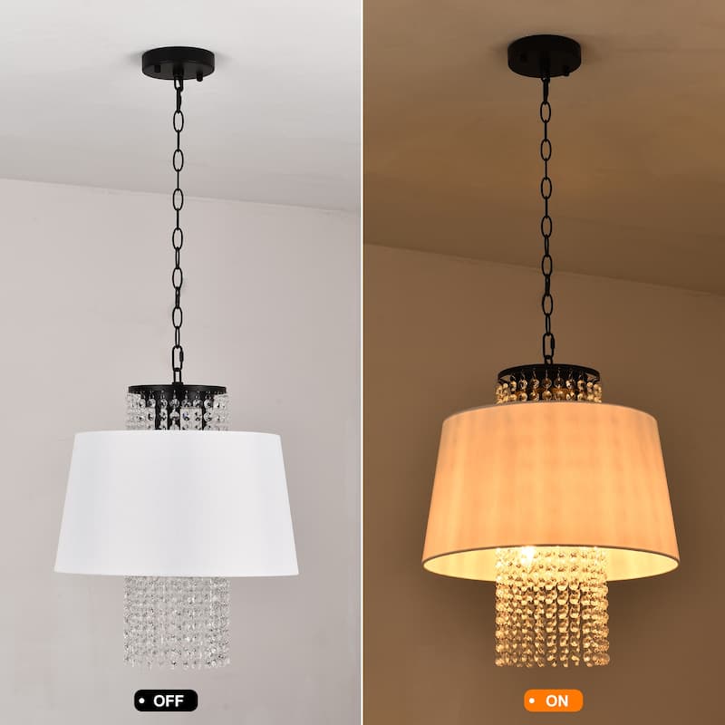 Contemporary 3 - Light Chandelier, White Fabric Shade and Crystal Drops, Black Chain - Matte Black