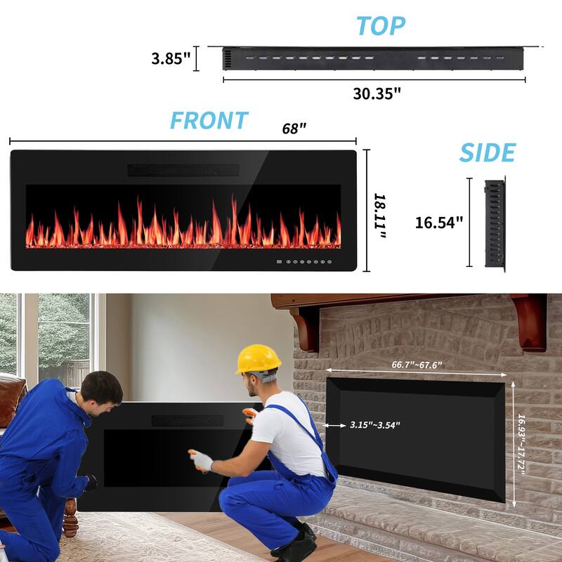 Electric Fireplace Insert, 750/1500W Electric Heater, Adjustable Flame Color, Remote Control, Timer