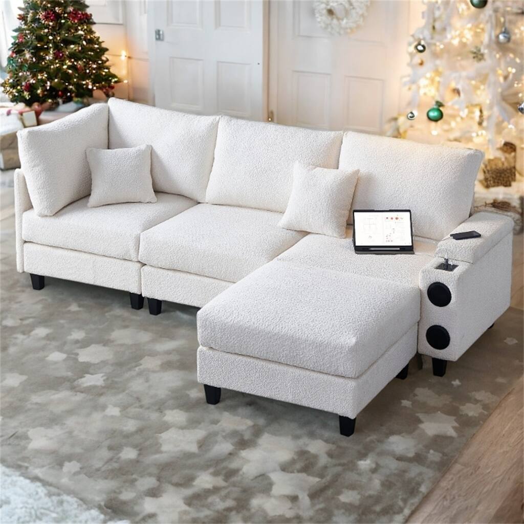 104"x65" Modular Sofa with Wireless Charging, USB & Bluetooth Speaker, Beige