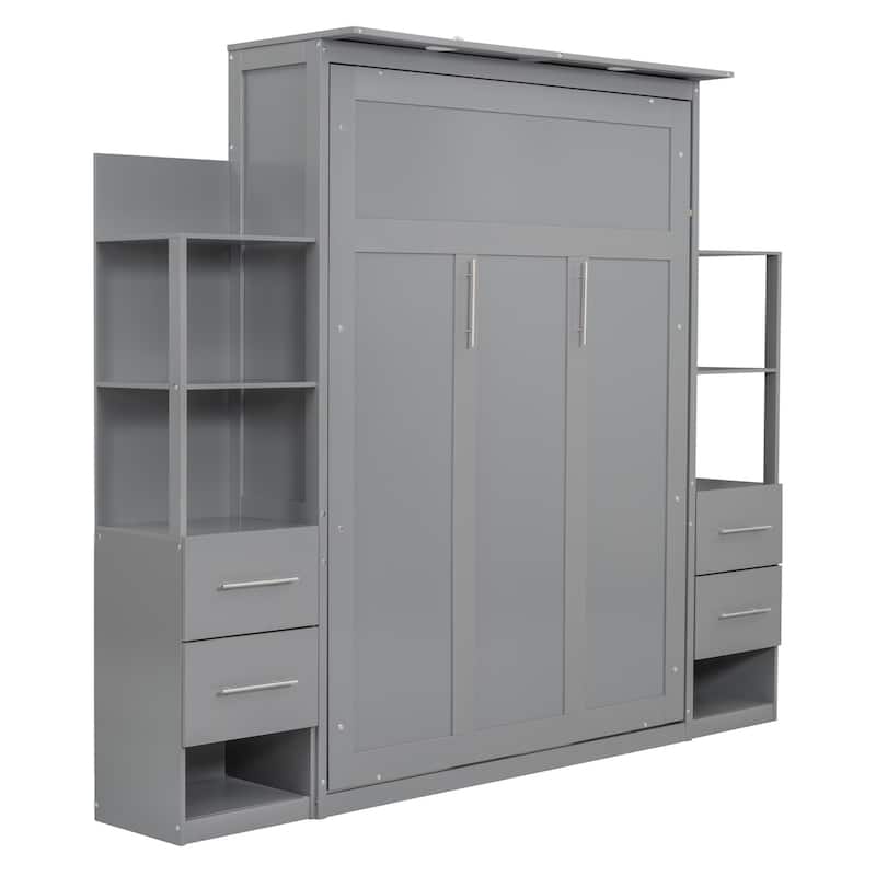 Merax Murphy Bed Wall Bed with Shelves, Drawers and LED Lights