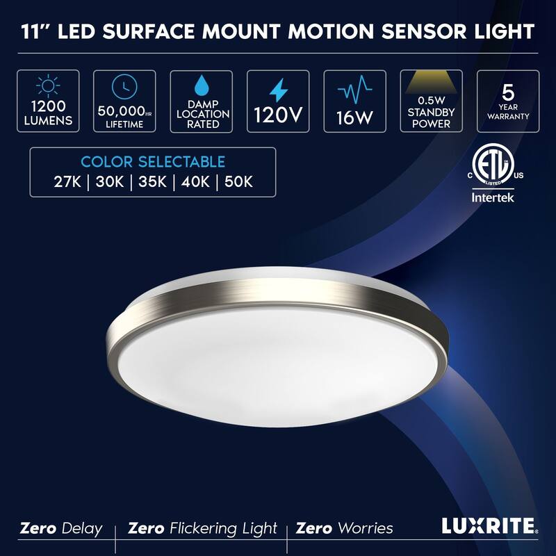Luxrite Motion Sensor LED Flush Mount Ceiling Light, 11 Inch, 5CCT 2700K-5000K, 16W, 1200LM, ETL