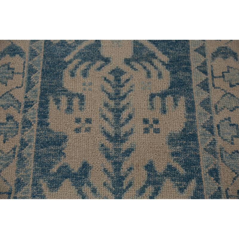 Hand Knotted Oriental 100% Wool Carpet Transitional Geometric Navy Blue & Blues Oushak Runner Rug - 18' 8'' X 3' 2''
