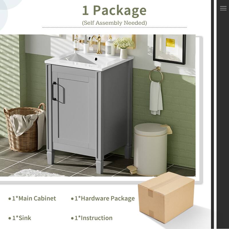 20" Small Bathroom Vanity with Ceramic Sink - Soft-Close Door, Adjustable U-Shaped Shelf, Freestanding Cabinet