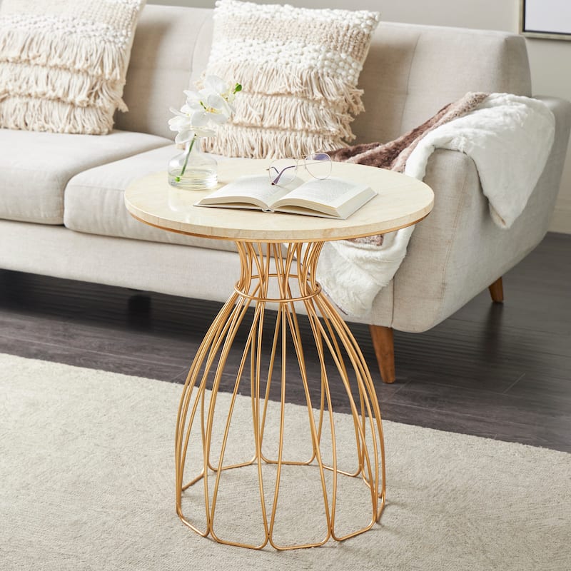 Gold Metal Flower Inspired Accent Table with Cream Marble Tabletop - Gold - 24" x 24" x 25"