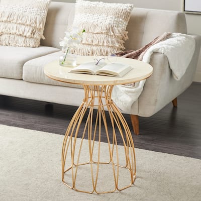 Gold Metal Flower Inspired Accent Table with Cream Marble Tabletop