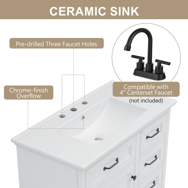 36" Bathroom Vanity with Ceramic Sink, 2 Tip-Out Drawers, Soft-Close Door Hinges, Freestanding MDF & Rubber Wood Cabinet