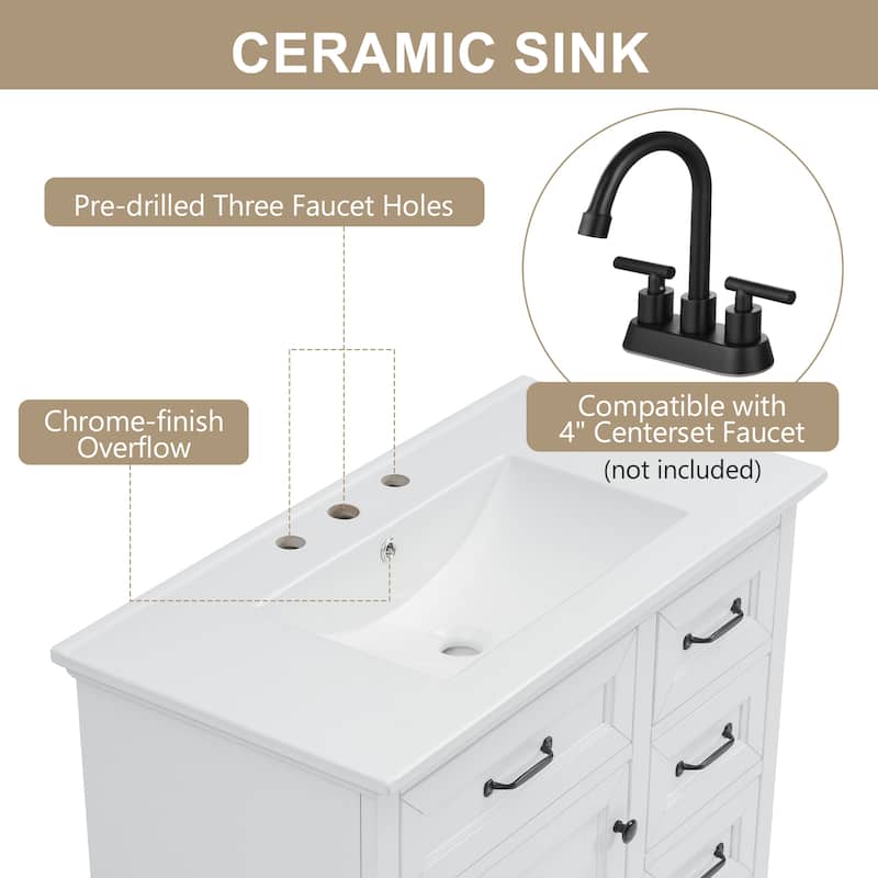 36" Bathroom Vanity with Sink, Ceramic Sink, 2 Tip-out Drawers, Soft Close Door Hinges