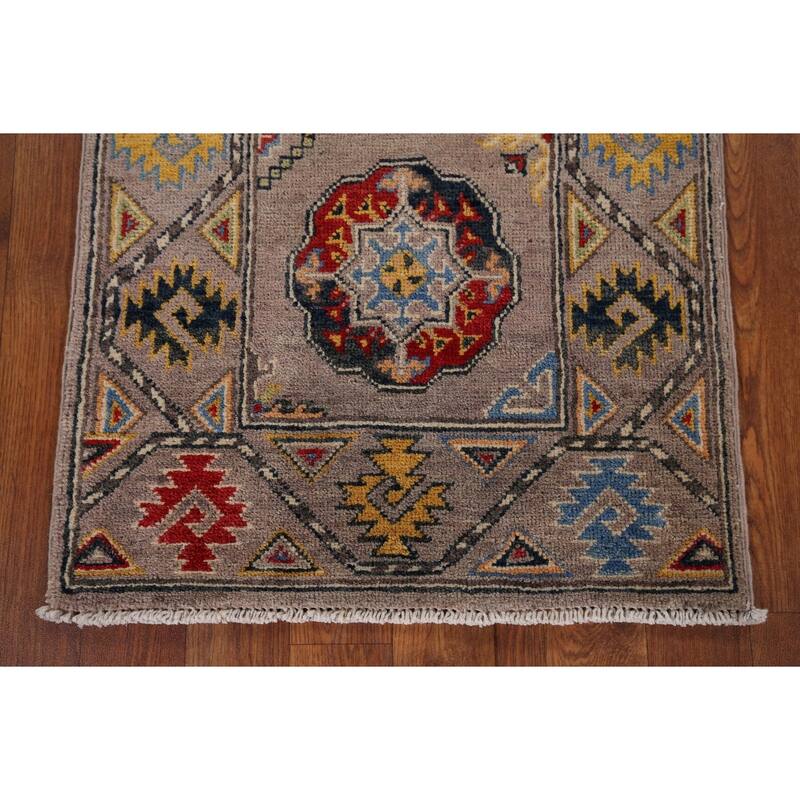 Geometric Brown Kazak Oriental Runner Rug Hand-Knotted Wool Carpet - 1'11" x 5'11"