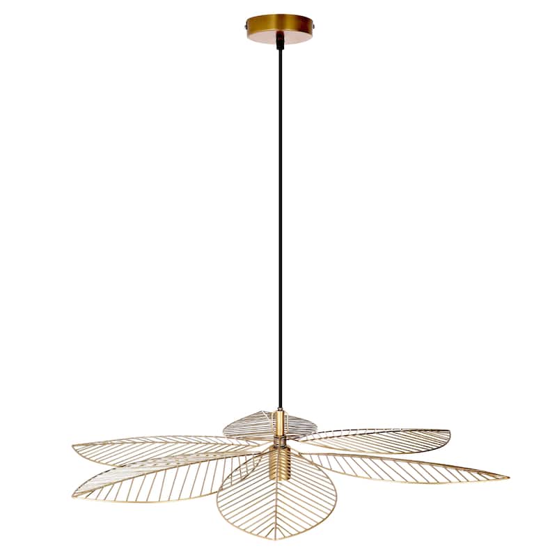 Soren River of Goods Antique Brass Metal Cutout Leaf-Shaped Pendant Light with Adjustable Hanging Cord - 35" x 35" x 7.25/66.25"