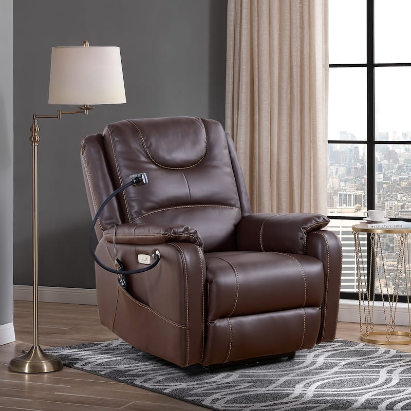 Black Power Recliner Chair with 139° Recline, Massage, Heat, OKIN Motor, USB Ports, Phone Holder, and Side Storage - Brown