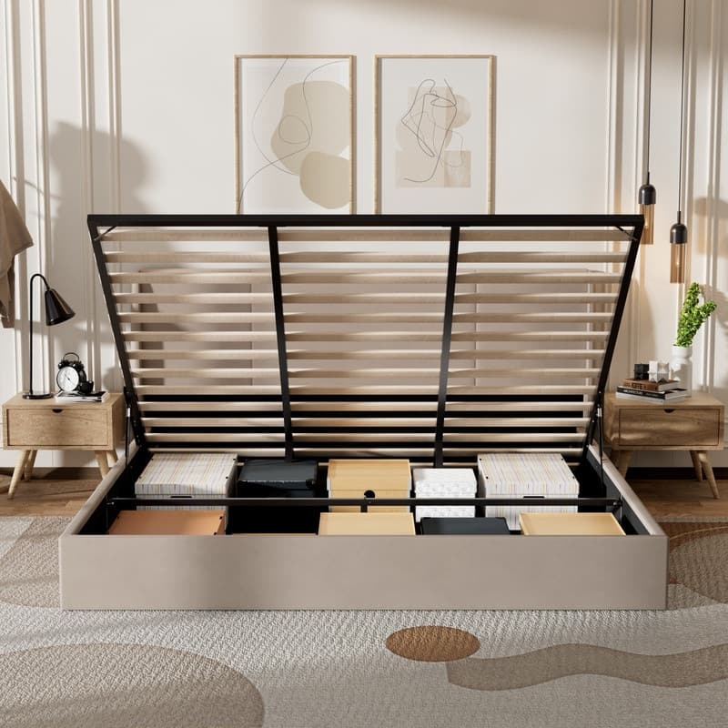 Modern Minimalist Upholstered Storage Bed with Lift-Up Platform