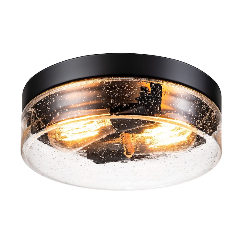2-Light Modern Farmhouse Dome Clear Seeded/Bubble Glass Flush Mount Light - Black