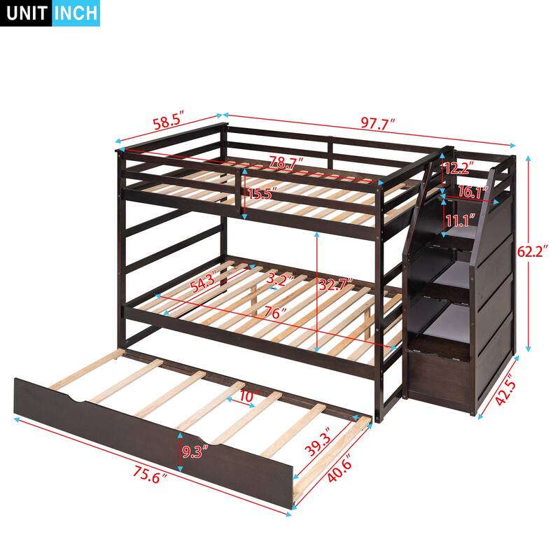 Bunk Bed with Trundle with Safety Guardrail and 3 Storage Stairs, Triple Bunk Multifunctional Space-Saving Solution for Bedroom