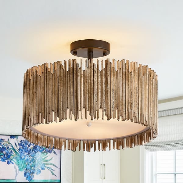 slide 2 of 12, 15.5" Farmhouse 3-Light Distressed White Wood Drum Semi-Flush Mount Ceiling Light - 15.5" D x 15.5" W x 10.7" H