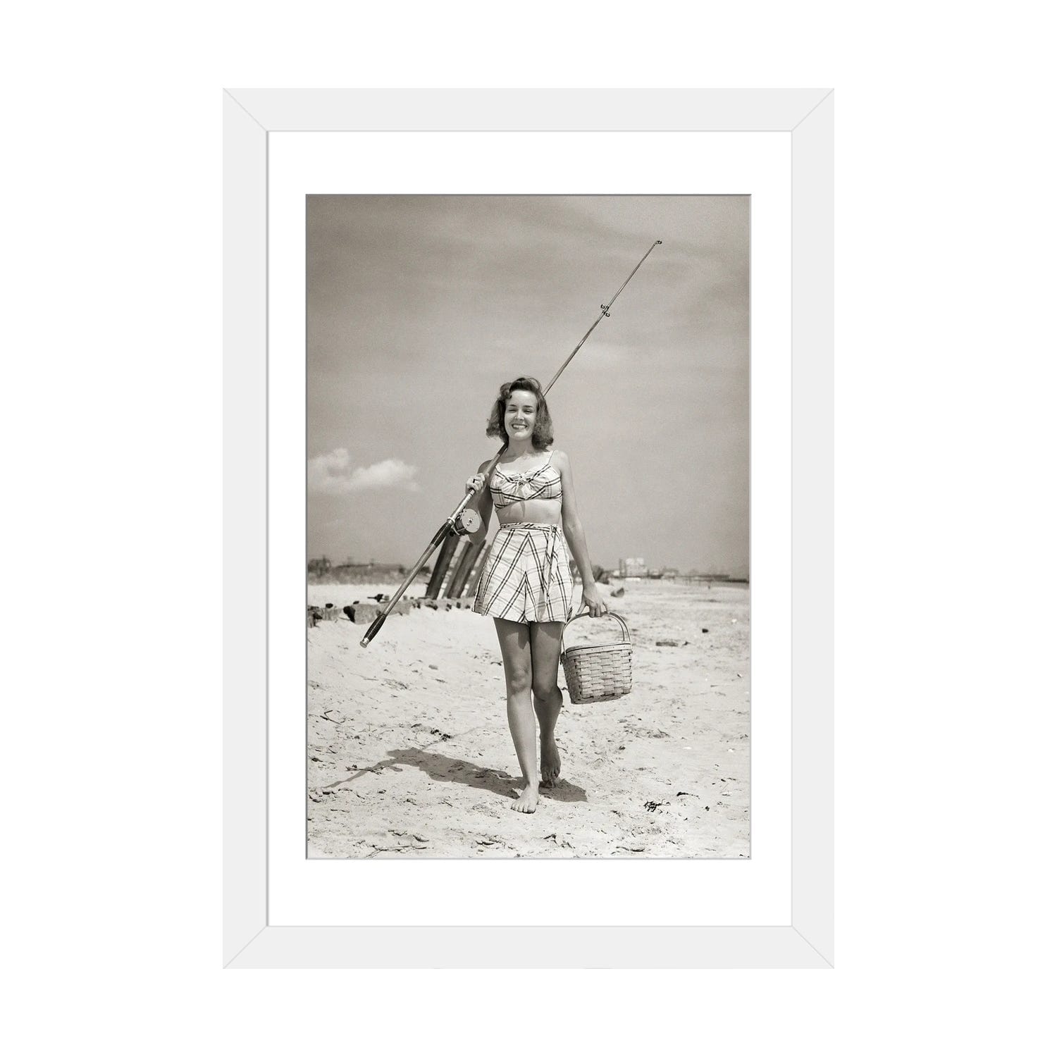 iCanvas 1940s Smiling Young Woman Walking On Beach Looking At Camera  Carrying Surf Fishing Gear by Vintage Images - Bed Bath & Beyond - 37392668