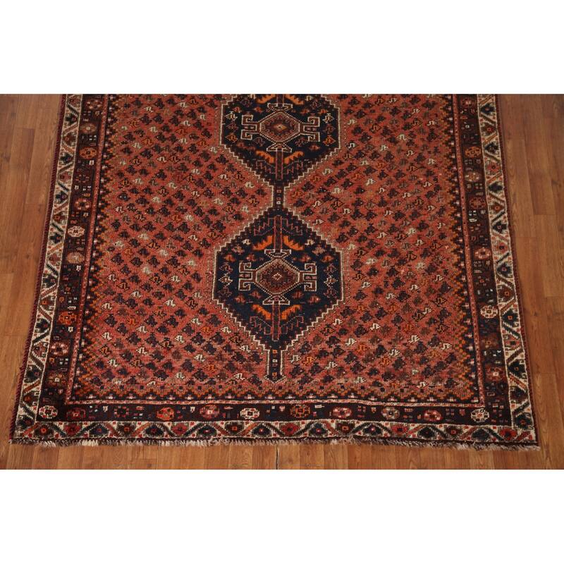 Vegetable Dye Coral Qashqai Persian Antique Rug Handmade Wool Carpet - 5'11"x 9'0"