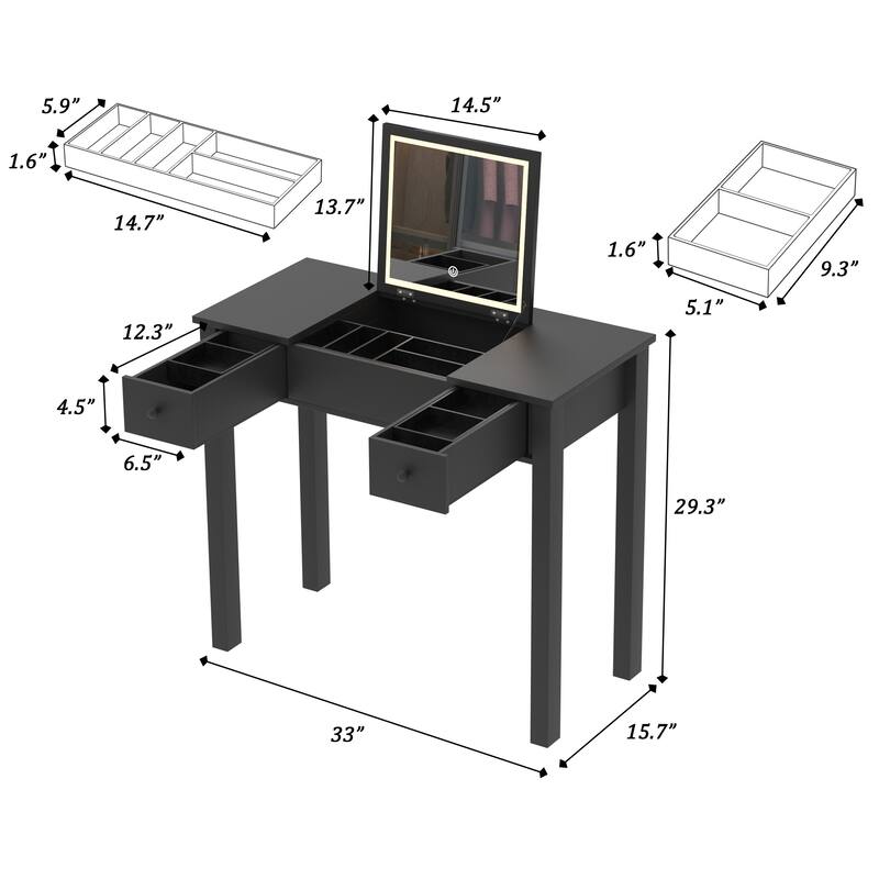 Small Flip Top Makeup Table with LED Lights, Mirror, 2 Drawers