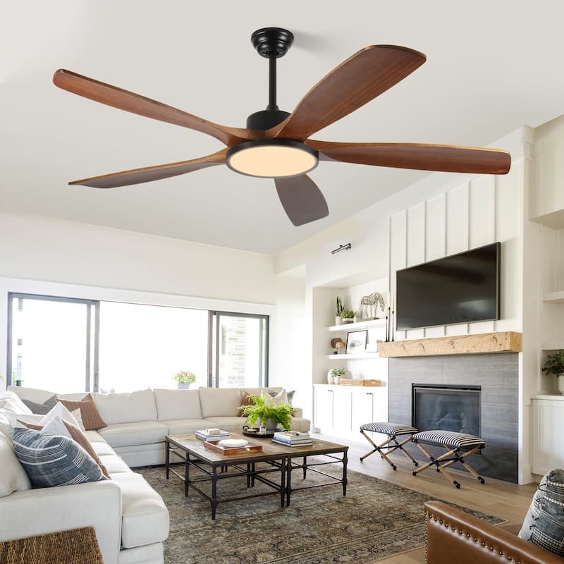 62-inch Large Outdoor Ceiling Fan with Remote Control and Light with Three-Color Dimming, 5 Reversible Wooden Blades
