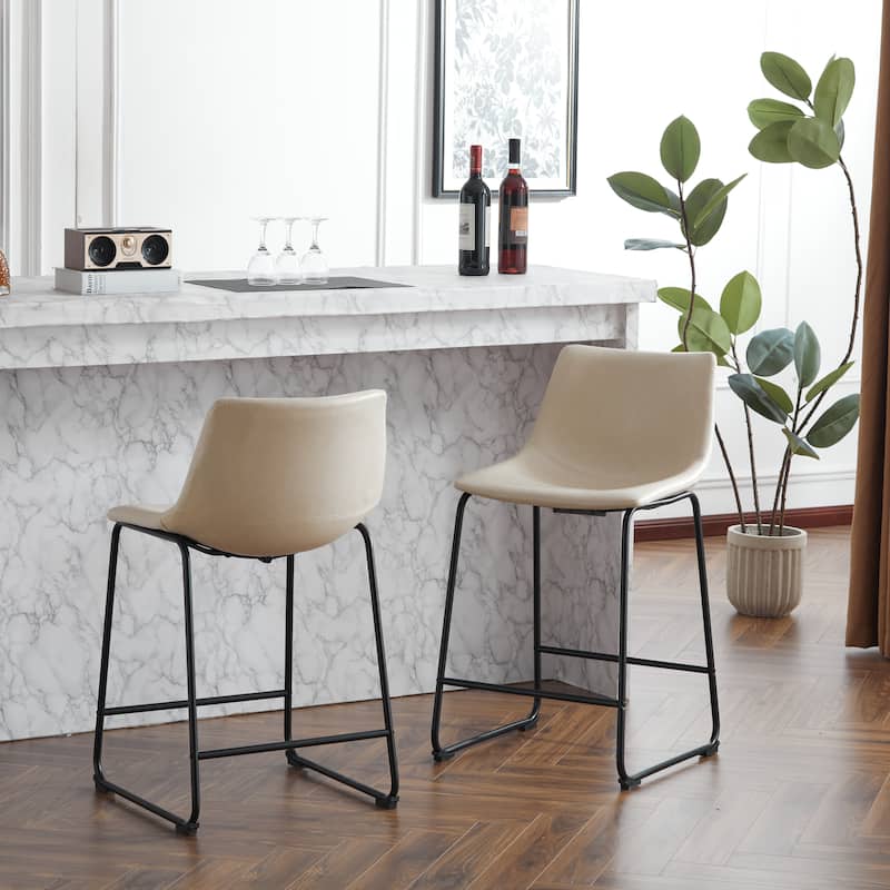 Faux Leather Bar Stools Set of 2, Counter Height Bar Stool with Back, Kitchen Island Chairs with Metal Legs and Footrest