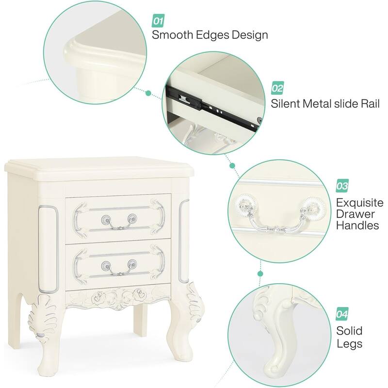 Cream White Particle Board Nightstand with Carved Design and 2 Drawers