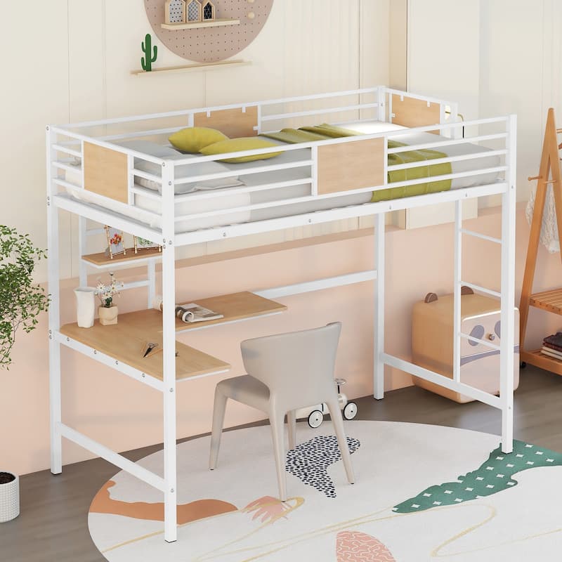Twin Metal Loft Bed with Desk and Shelve