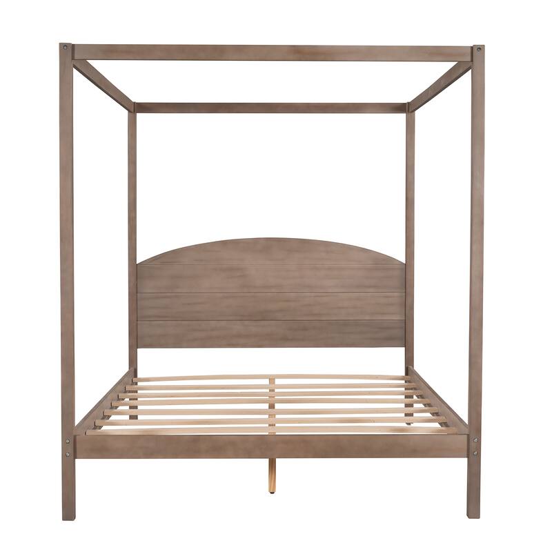 Queen Size Pine Wood Canopy Platform Bed with Builtin Curved Headboard, Support Legs and Wood