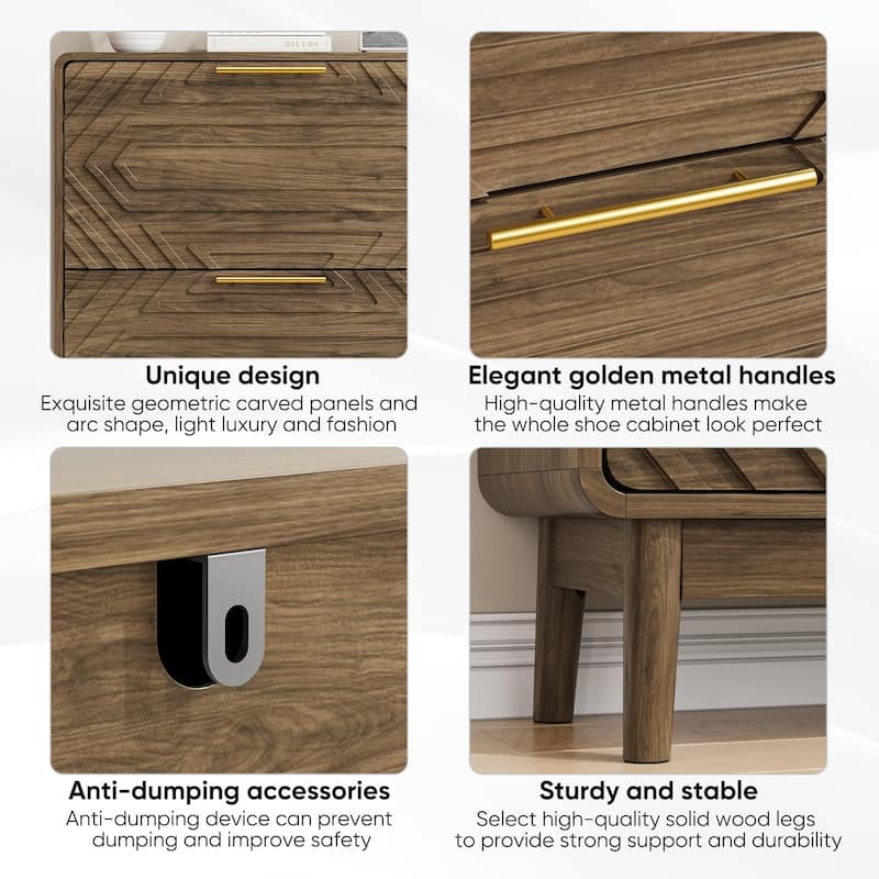 Roomfitters Modern Storage Cabinet with Geometric Doors, Slim Entryway Shoe Organizer with Sturdy Wooden Legs, Walnut