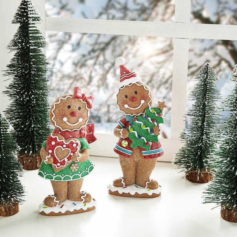 Glitzhome Resin Christmas Gingerbread Figurines Xmas Table Decor for Party Mantel Shelf Sitter