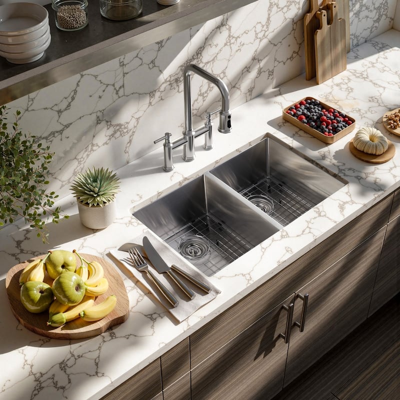 WOWOW 33" Drop-In Dual Bowl 16-Gauge Kitchen Sink