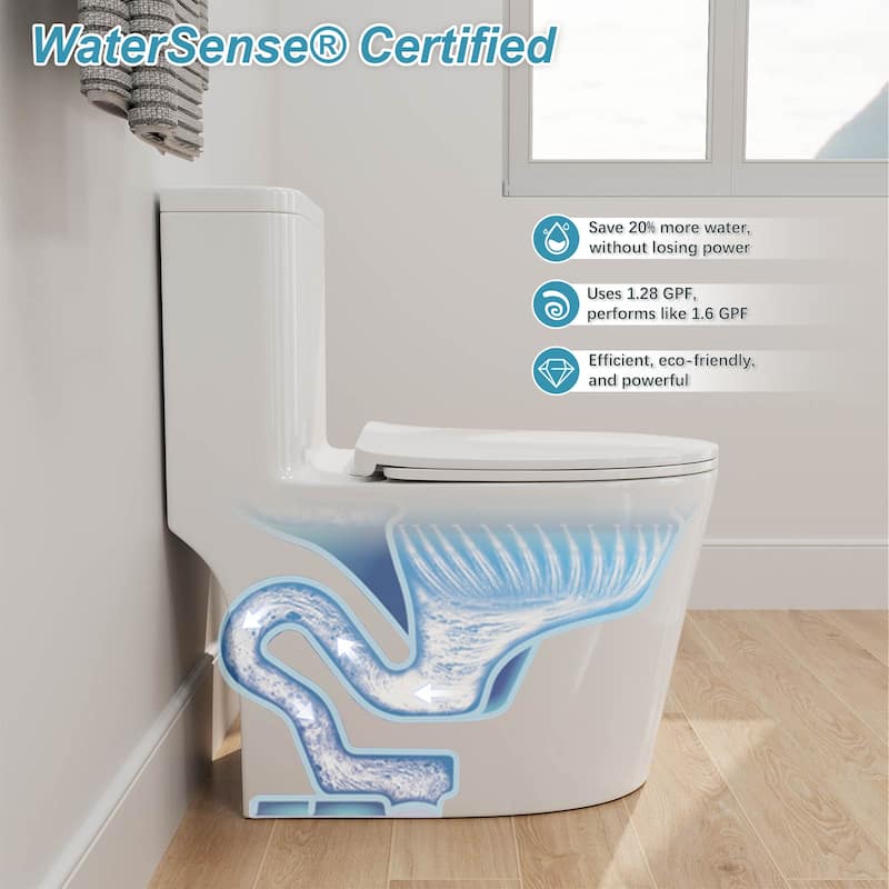 One-piece 1.0/1.28 GPF High Efficiency Dual Flush Elongated Toilet in Gloss White - N/A