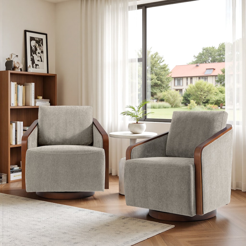 Chenille Modern 360°Swivel Barrel Chair Wood Base (Set of 2)
