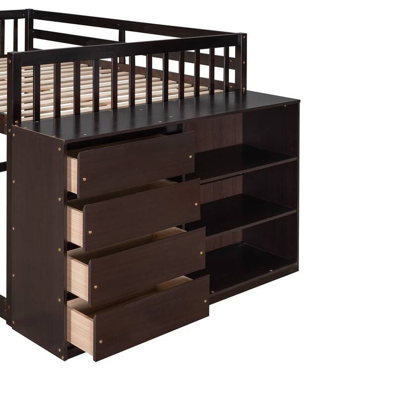 Floor Bunk Bed with Movable Storage Cabinet, Solid Wood Bunkbeds Frame