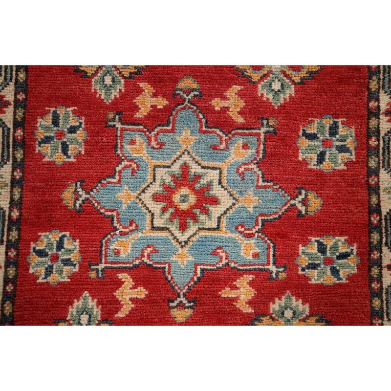 Geometric Red Kazak Oriental Runner Rug Handmade Wool Carpet - 2'2" x 5'7"