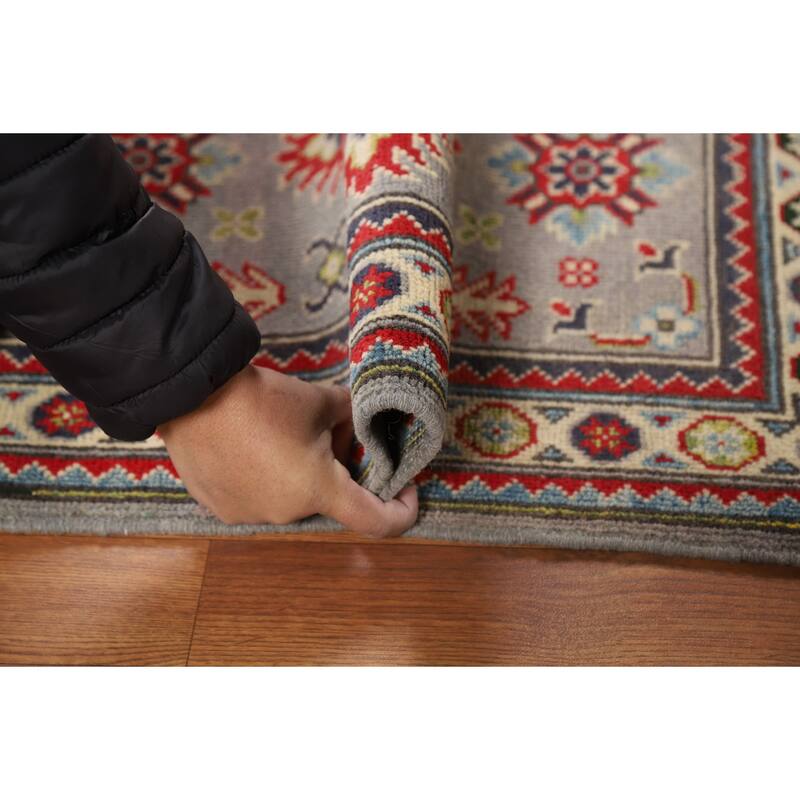 Geometric Kazak Oriental Accent Rug Grey Hand-Knotted Wool Carpet - 2'0" x 3'0"