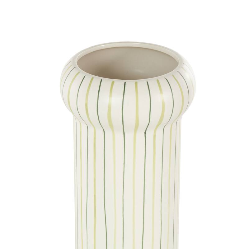 Ceramic Round Decorative Vase with Green Linear Patterns - White - Roche River Decor