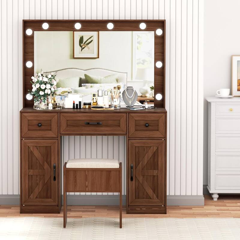 43.3'' Wide Makeup Vanity Dressing With Lighted Mirror and Stool
