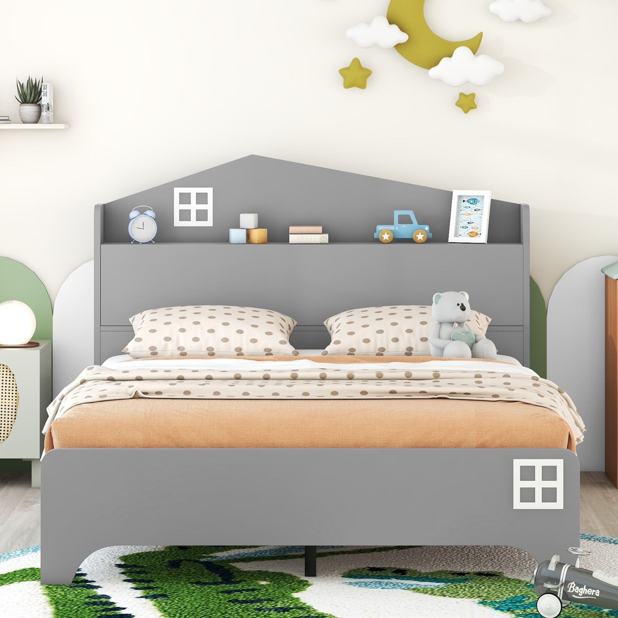 Wooden Full Size House Bed with Storage Headboard Kids Bed with