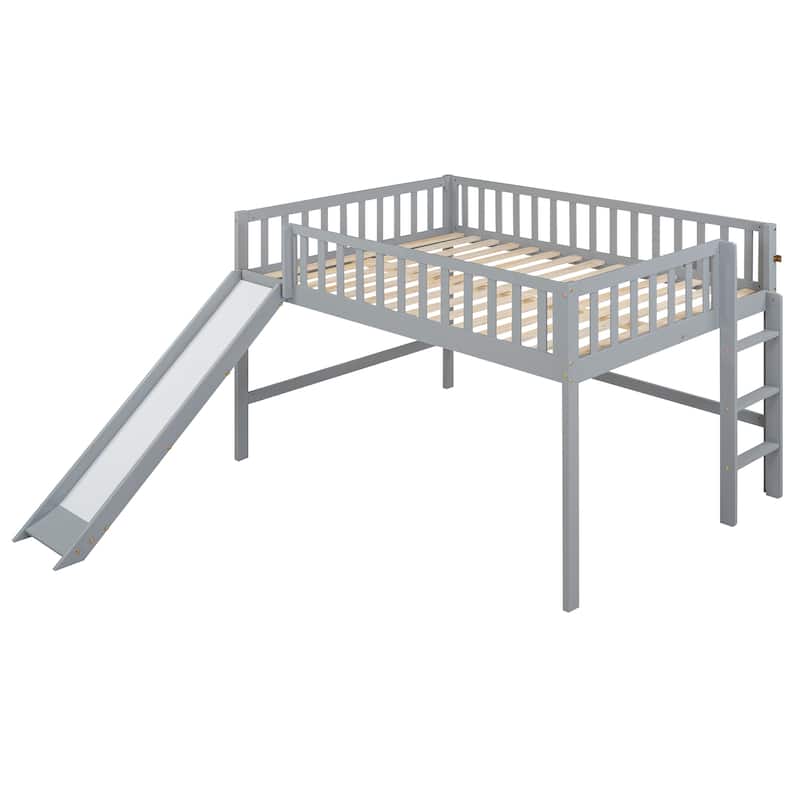 Full Size Low Loft Bed with Removable Slide and Space-Saving Ladder, Gray