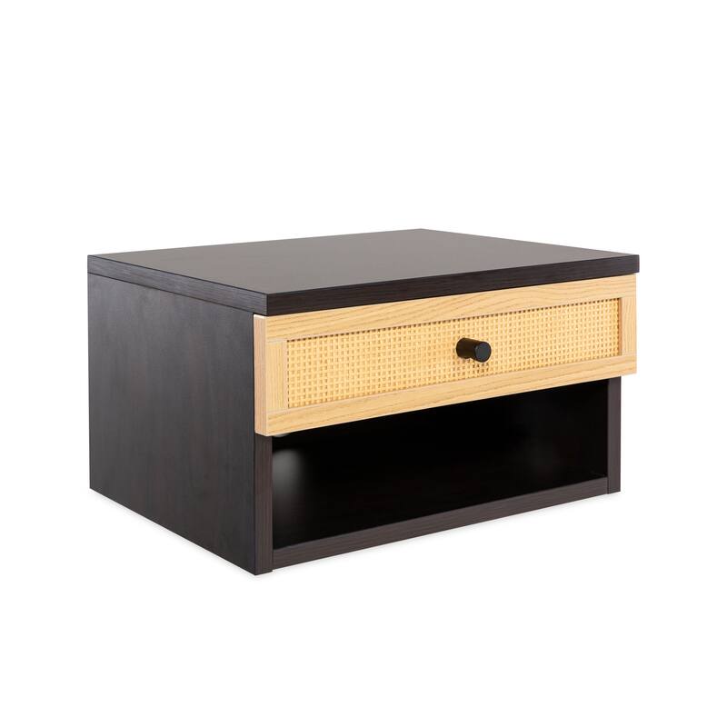 Elise 15.71" Mid-Century Modern Floating Wall Mounted Nightstand with Soft-Close Rattan Drawer and Cable Hole, by JONATHAN Y - Black/Light Oak