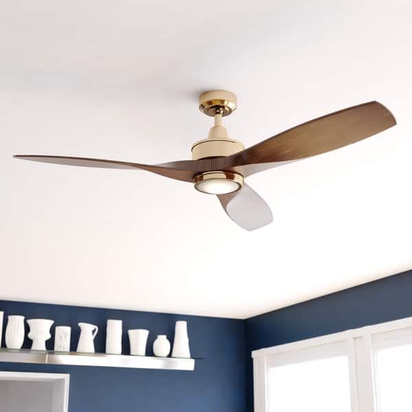 slide 2 of 18, Curtiss 52 in. Indoor Outdoor Propeller Ceiling Fan with Wooden Blades, Dimmable LED Light Kit and Remote Control, 3 Speeds 52-in W x 16.25-in H x 52-in D - Satin Brass