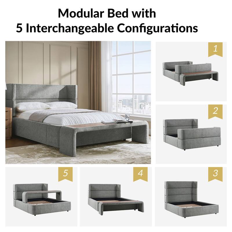 Kenneth Mordern Upholstered Bed with Four Interchangeable Configurations and Bedside Tables by HULALA HOME
