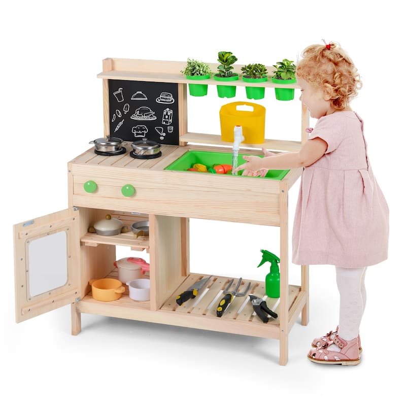 Gymax Kids Mud Kitchen Play Pretend Kitchen w/ Chalkboard Stoves - Natural